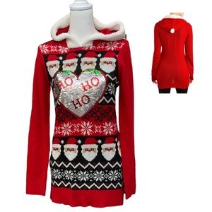 No Boundaries Christmas Tunic Sweater Sherpa Hoodie Sequin Red Junior 7/9 Medium